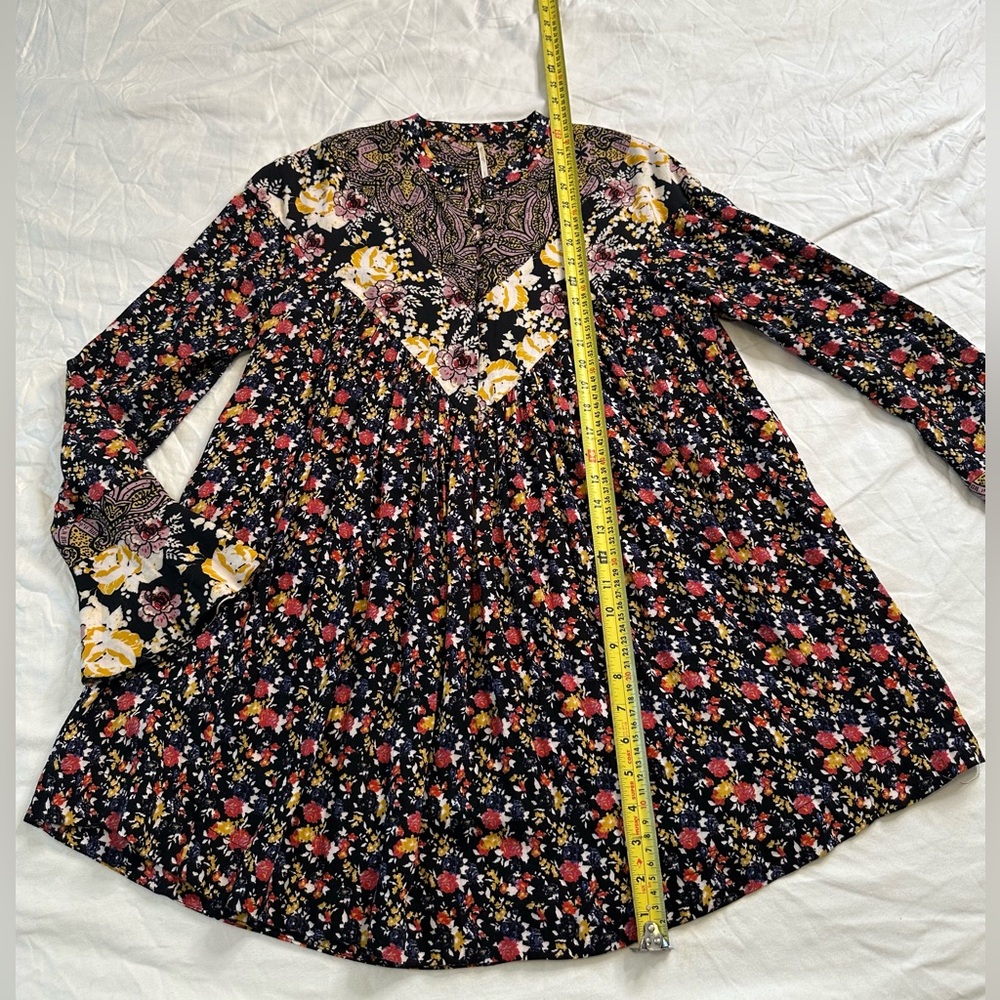 Free People Floral Boho Tunic Dress Black Multicolor Rayon Long Sleeve S/M - Picture 8 of 12
